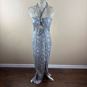 Cassandra Stone Elegant Gray Snakeskin Sequin Halter Neck Dress Women’s size 12